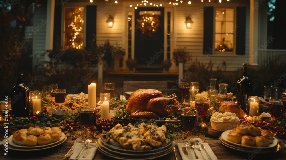 A Festive Thanksgiving Dinner Table with Roasted Turkey, Wine, and Candles A Festive Thanksgiving Dinner Table with Roasted Turkey, Wine, and Candles