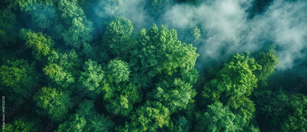 Aerial view of lush green forest with mist, showcasing nature's beauty and tranquility. Aerial view of lush green forest with mist, showcasing nature's beauty and tranquility.