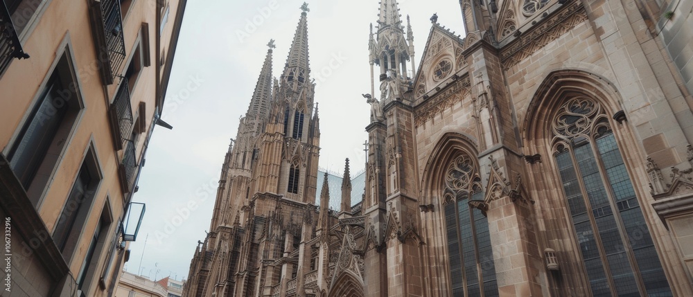 Obraz premium An impressive cathedral towers above, its gothic architecture and detailed carvings striking against a clear sky backdrop.