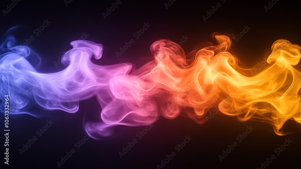 Obraz premium Colorful smoke waves in shades of purple, orange, and pink create mesmerizing abstract background. fluid motion evokes sense of energy and creativity