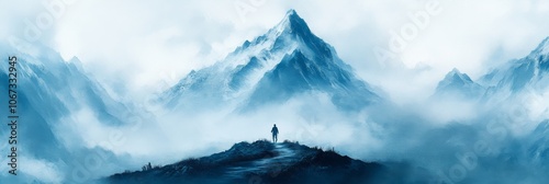 Wallpaper Mural Mysterious Mountain Ascent, solitary hiker navigating a fog-laden trail, ethereal mist enveloping the landscape, peak shrouded in mystery Torontodigital.ca
