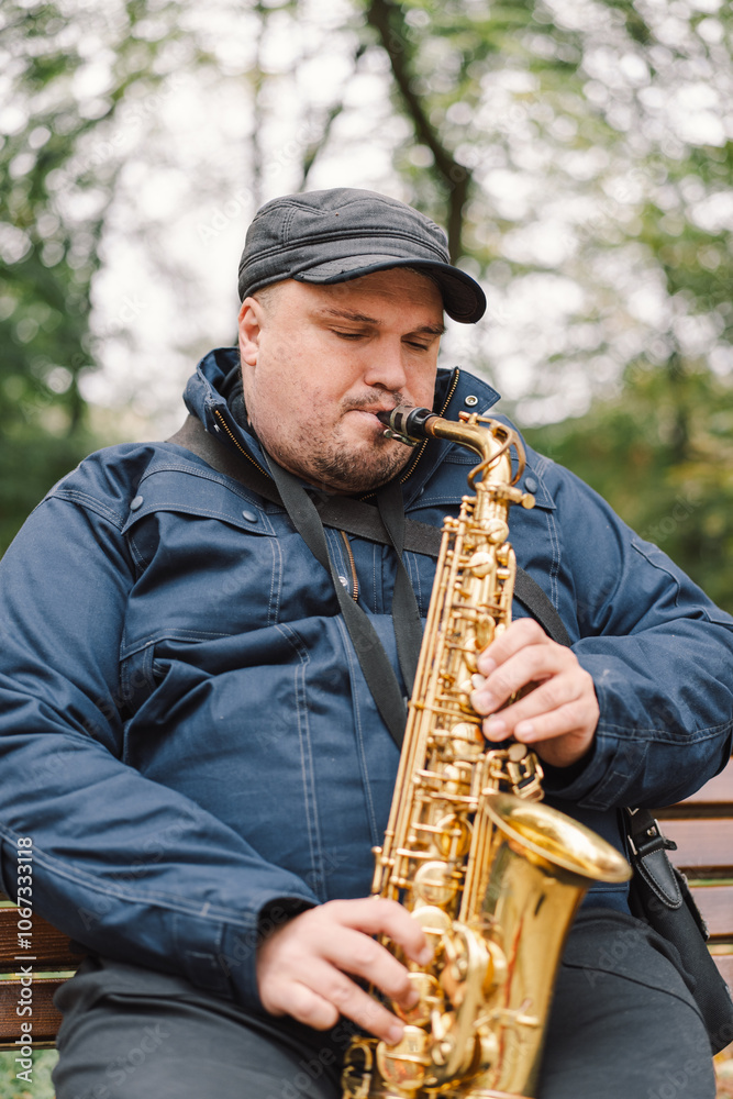 Naklejka premium A saxophonist performs in a serene park during autumn while seated on a bench surrounded by fallen leaves