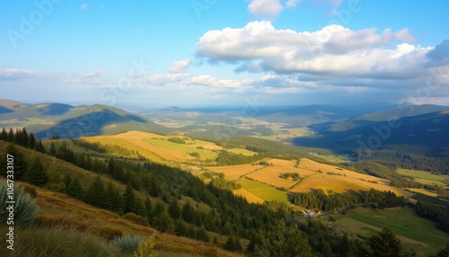 A breathtaking panoramic view of lush green mountains under a vibrant sky filled with fluffy clouds. Perfect for nature lovers and travel enthusiasts