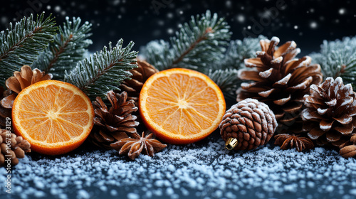 Frosted pinecones and dried orange slices create festive winter scene, evoking warmth and joy of holiday season. Perfect for Christmas decorations and seasonal themes