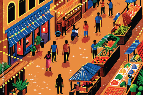 A vibrant illustration of a bustling market street overflowing with people, showcasing a variety of colorful stalls, lively interactions, and authentic cultural elements.