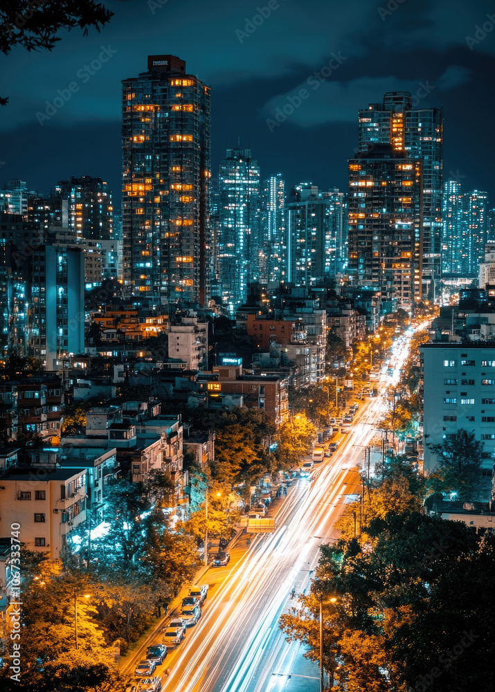 Obraz premium A vibrant urban environment at night showcases illuminated buildings, glowing streetlights, and dynamic traffic in a lively city