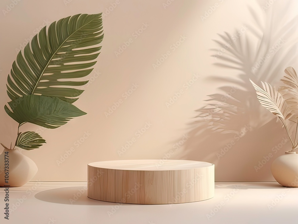 Brown product display podium with nature leaves. 3D rendering Brown product display podium with nature leaves. 3D rendering