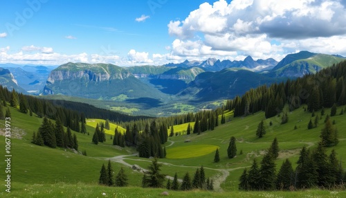 A breathtaking panoramic view of lush green mountains under a vibrant sky filled with fluffy clouds. Perfect for nature lovers and travel enthusiasts