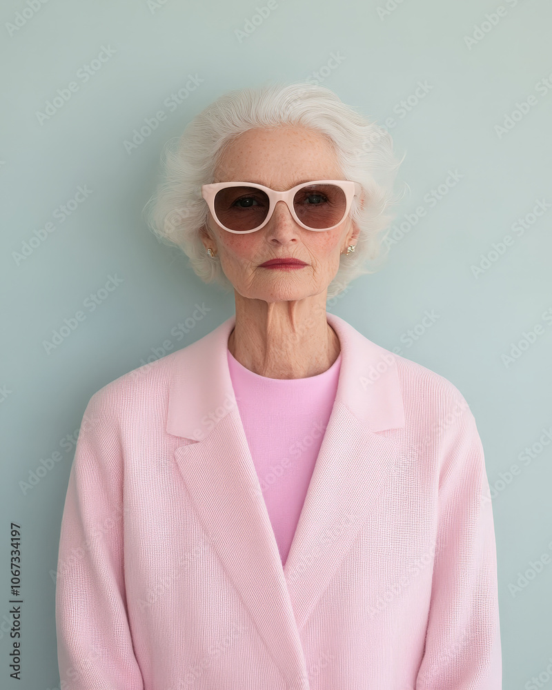 Sophisticated elderly woman in pastel pink attire, wearing oversized sunglasses Sophisticated elderly woman in pastel pink attire, wearing oversized sunglasses