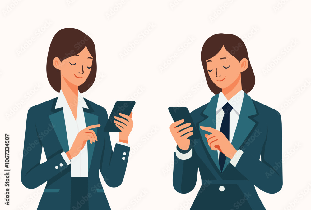 Set of vector illustration of a businesswoman using a smartphone on white background Set of vector illustration of a businesswoman using a smartphone on white background