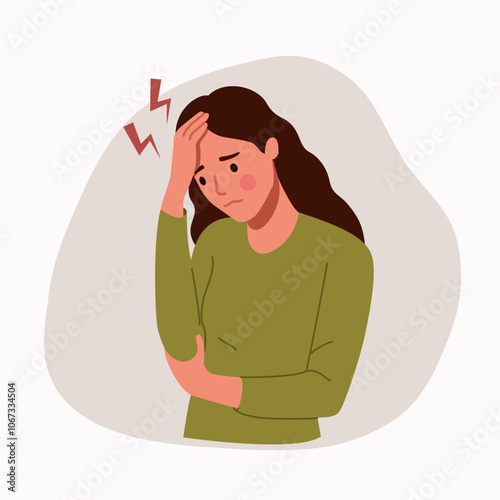 Young ill woman suffering from headache and pain, pressing hand to the throbbing areas of her head isolated. Vector flat style cartoon illustration