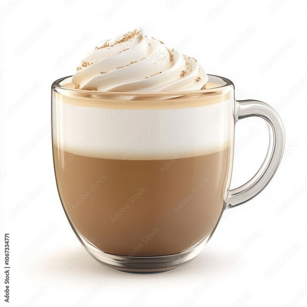 Delicious latte in a glass cup with whipped cream, white isolate background Delicious latte in a glass cup with whipped cream, white isolate background