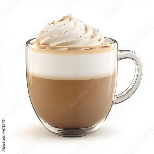 Delicious latte in a glass cup with whipped cream, white isolate background