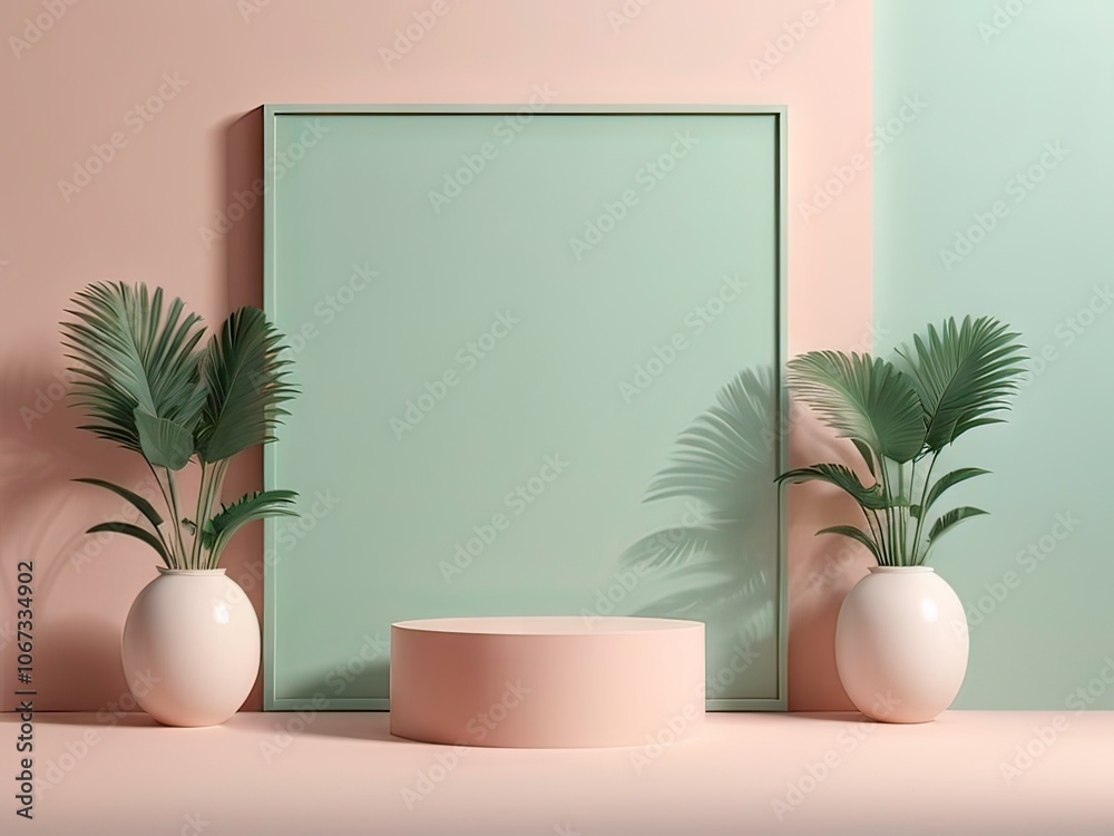3d background products display podium scene with palm leaf geometric platform. background vector 3d render with podium. stand to show cosmetic product. Stage showcase on pedestal display beige summer 3d background products display podium scene with palm leaf geometric platform. background vector 3d render with podium. stand to show cosmetic product. Stage showcase on pedestal display beige summer