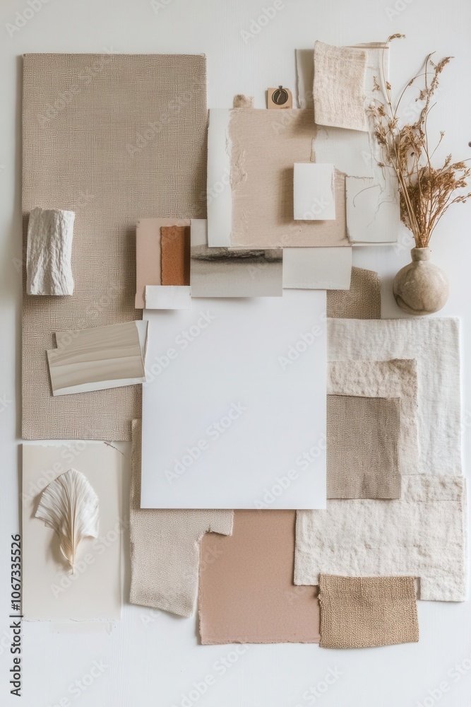 Textured materials and papers arranged on a neutral background for design inspiration. Textured materials and papers arranged on a neutral background for design inspiration.