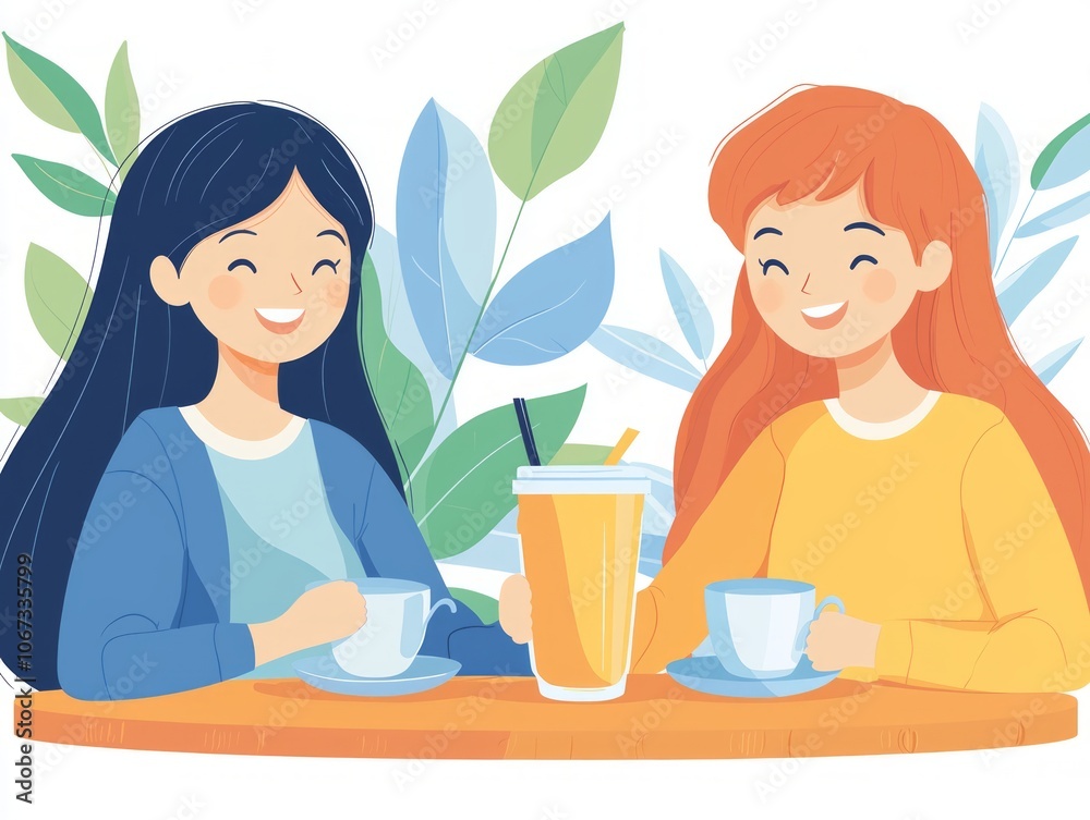 Two friends enjoying drinks and conversation in a cheerful setting. Two friends enjoying drinks and conversation in a cheerful setting.