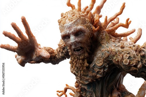 A monstrous creature made of wood and bark, with a fierce expression, reaches out with gnarled hands. photo