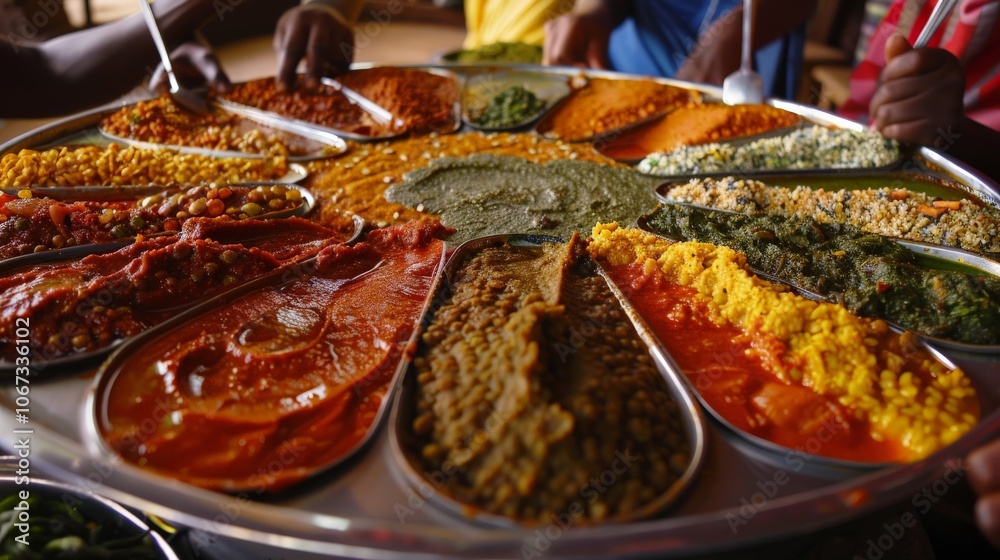 Fototapeta premium An Ethiopian restaurant with injera bread and a variety of colorful stews and lentils served on a large communal platter