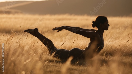 Yogi in Extended Side Angle Pose Silhouette at Sunset photo