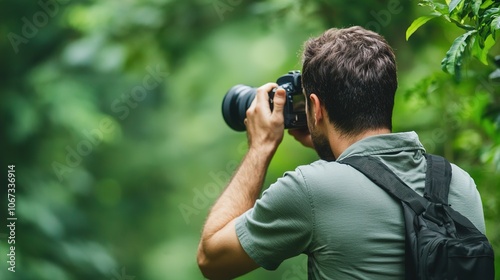 A photographer captures nature's beauty in a lush green forest, showcasing the passion for wildlife photography.