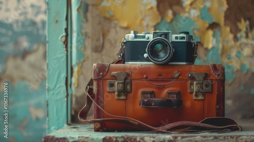 Vintage camera on rustic leather suitcase with peeling paint background