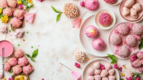 Wallpaper Mural Colorful assortment of pink desserts and floral accents on a light background. Torontodigital.ca