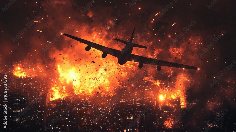 nighttime conflict plane releases missiles city leading numerous explosions and fiery destruction buildings . impact devastating and chaotic. nighttime conflict plane releases missiles city leading numerous explosions and fiery destruction buildings . impact devastating and chaotic.