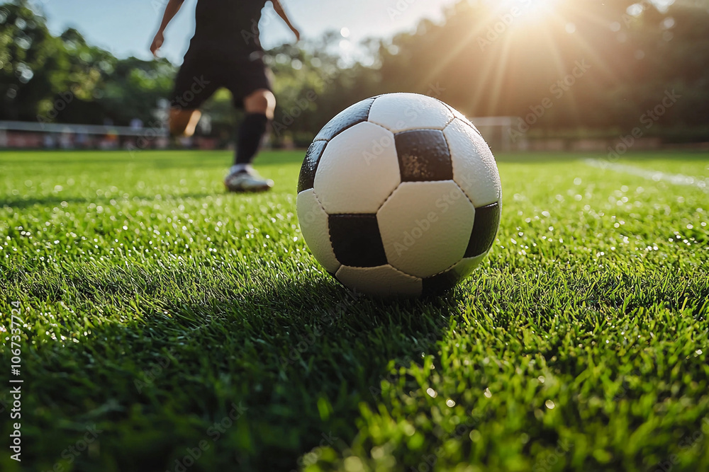 Fototapeta premium A soccer ball on vibrant grass during late afternoon practice session