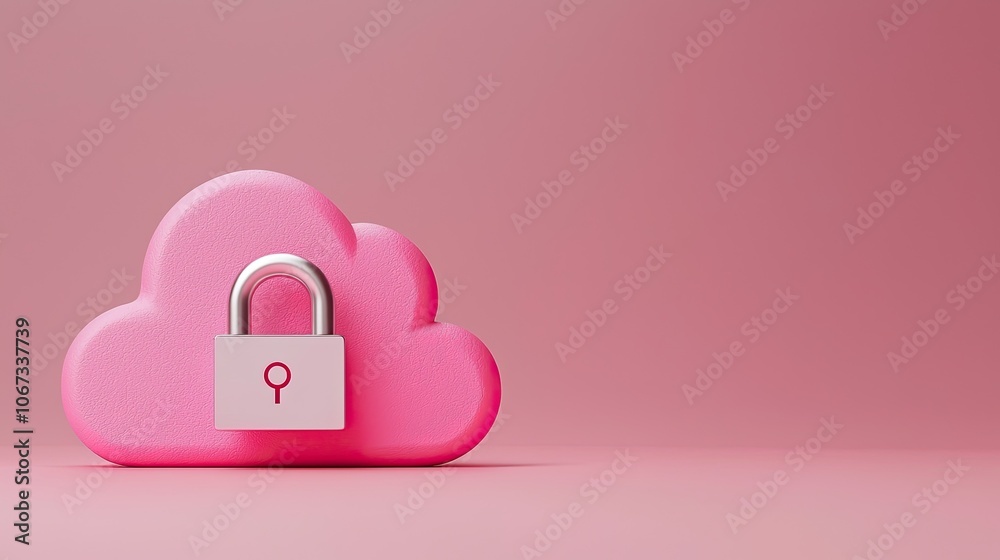 Pink cloud with a padlock on a pink background, symbolizing cloud security. Pink cloud with a padlock on a pink background, symbolizing cloud security.
