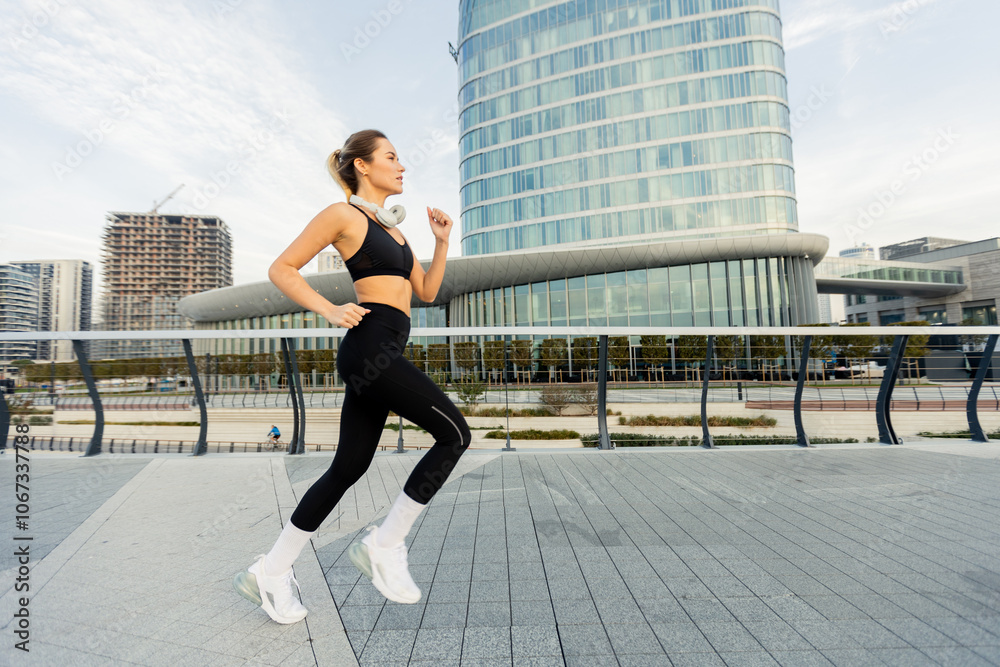 Fototapeta premium A determined woman jogs confidently in modern urban surroundings, showcasing her fitness journey against a sleek architectural backdrop