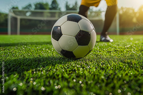 Player getting ready to kick a soccer ball on a sunny field