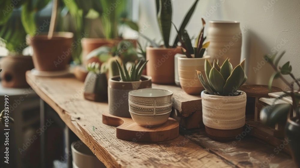 Potted plants in ceramic pots on wooden shelf in cozy setting Potted plants in ceramic pots on wooden shelf in cozy setting