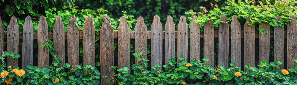 A wooden fence with green vines growing up it