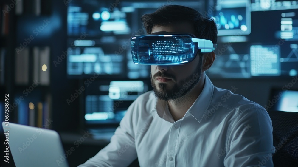 Man Using VR Headset In An Office Setting Man Using VR Headset In An Office Setting