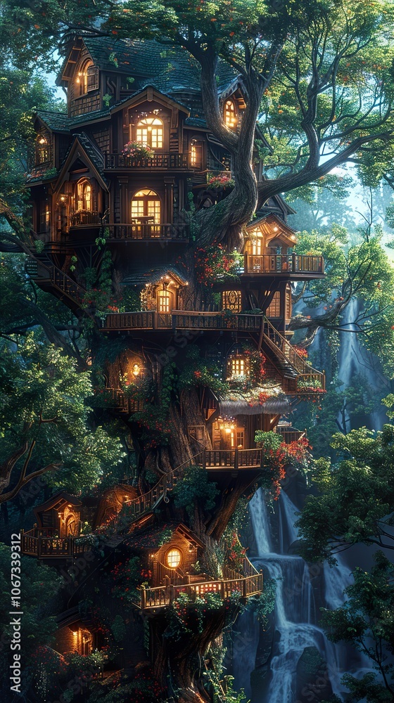 Enchanted Treehouse in a Lush Forest with a Cascading Waterfall Enchanted Treehouse in a Lush Forest with a Cascading Waterfall