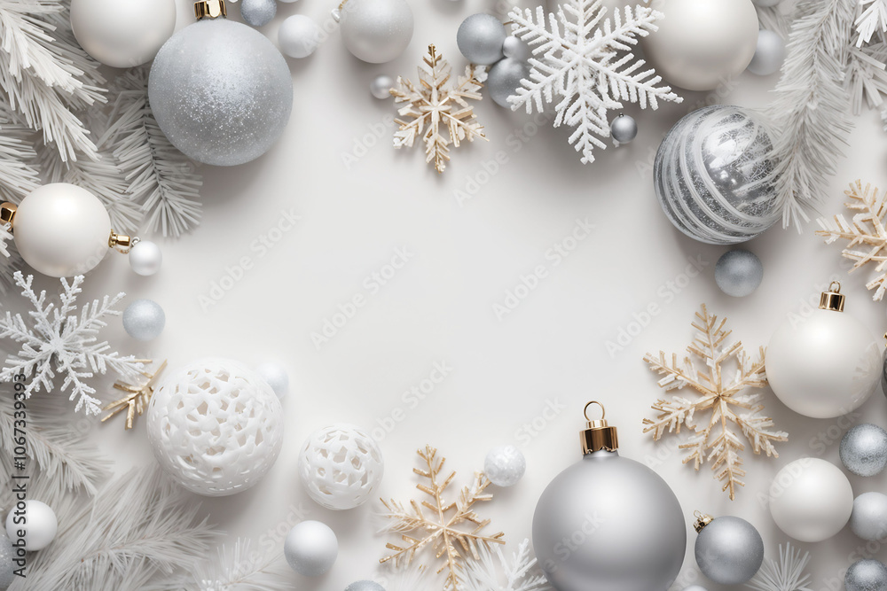A decorative, Christmas theme background showing baubles, pine needles, snowflake crystals, against a white background