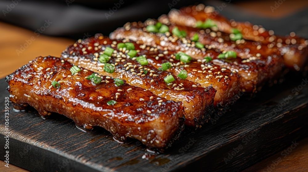 Savor the rich flavors of caramelized pork belly with sesame and green onions for an exquisite meal Savor the rich flavors of caramelized pork belly with sesame and green onions for an exquisite meal