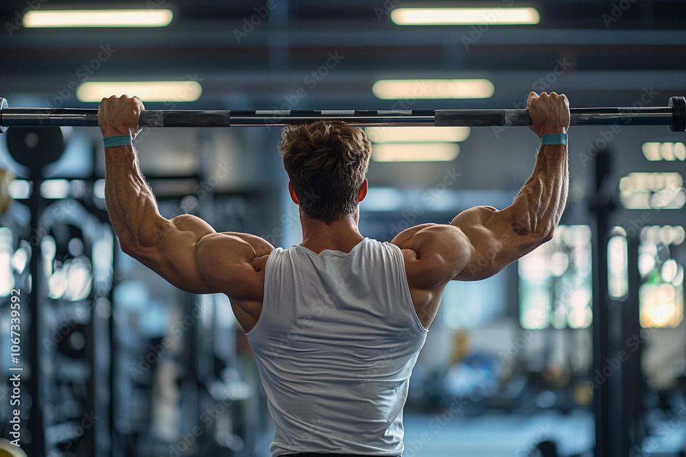 Naklejka premium Muscular man performing pull-ups in a gym during afternoon workout