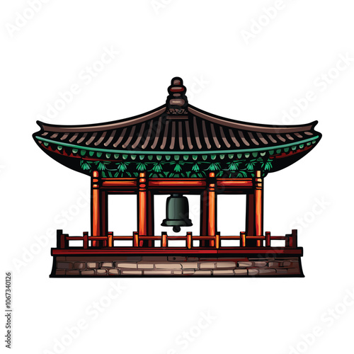 A detailed vector illustration of a traditional Korean bell pavilion, showcasing intricate architectural details and the iconic bell within.