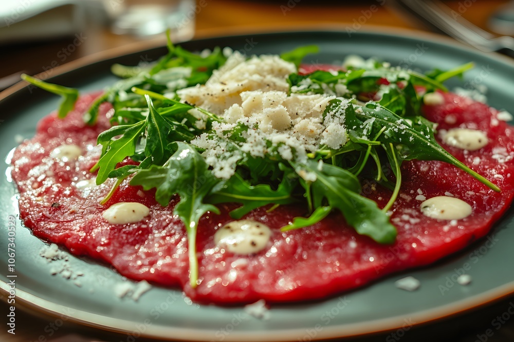 A plate of carpaccio topped with arugula, cheese, and drizzled sauce. A plate of carpaccio topped with arugula, cheese, and drizzled sauce.