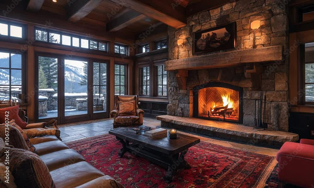 Cozy living room with a stone fireplace and mountain view. Cozy living room with a stone fireplace and mountain view.