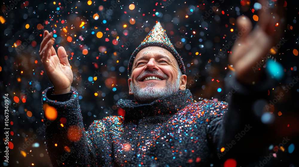 joyful man wearing party hat celebrates amidst colorful confetti, radiating happiness and excitement. festive atmosphere is enhanced by sparkling lights and vibrant colors surrounding him joyful man wearing party hat celebrates amidst colorful confetti, radiating happiness and excitement. festive atmosphere is enhanced by sparkling lights and vibrant colors surrounding him