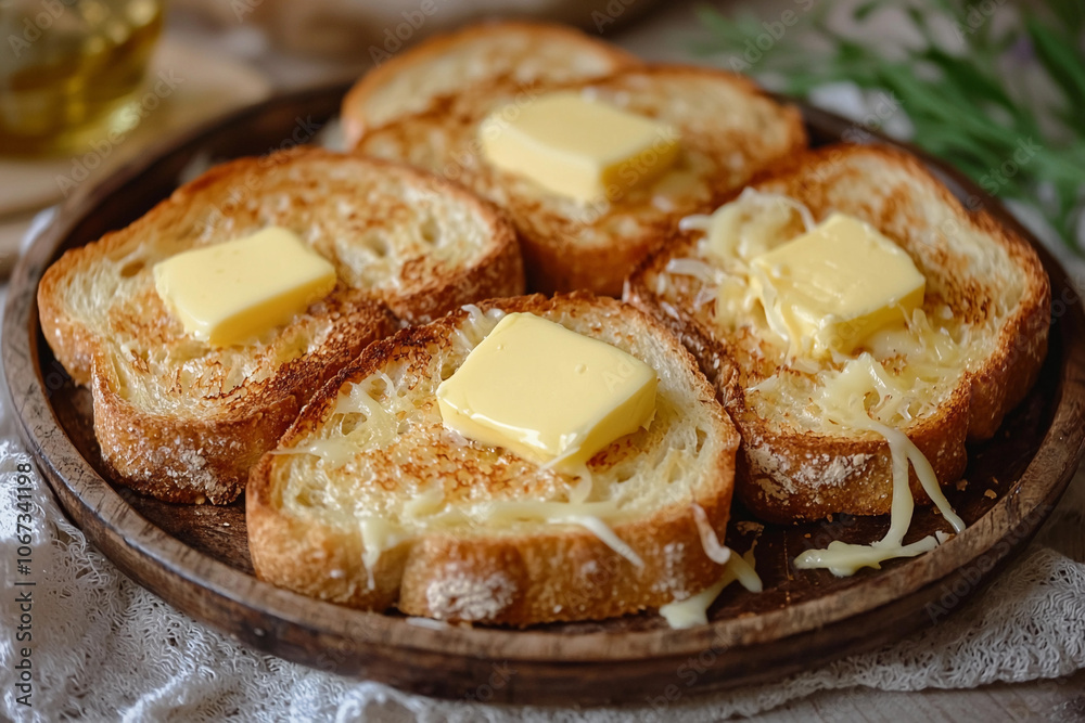 Toasted bread slices with melting butter on a wooden plate Toasted bread slices with melting butter on a wooden plate
