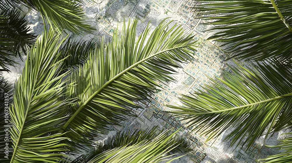 Obraz premium Palm Oasis :mosque illustration. A mosque nestled amidst palm trees—a sanctuary in the desert. The fronds sway gently, casting dappled shade on the courtyard’s mosaic tiles. 