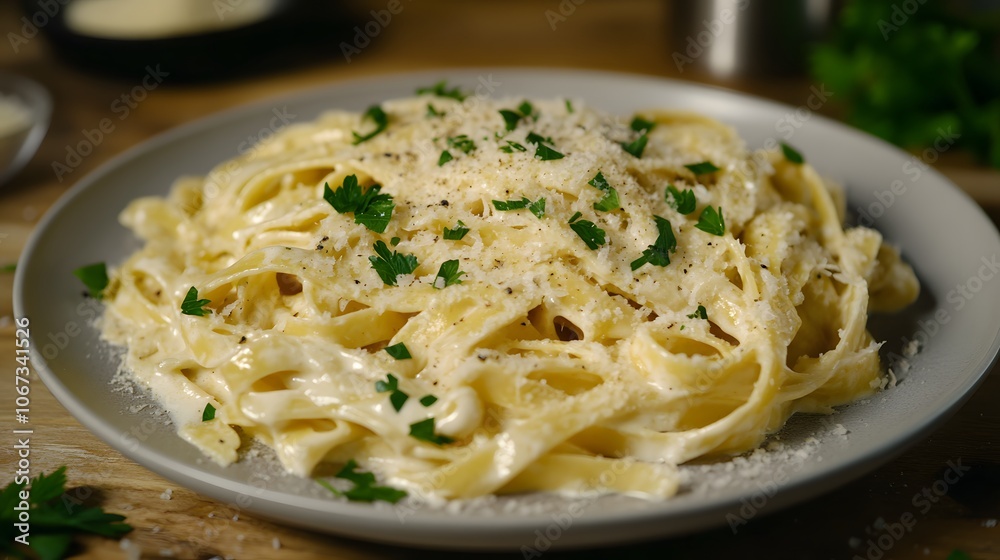 A plate of creamy fettuccine pasta garnished with parsley and cheese. A plate of creamy fettuccine pasta garnished with parsley and cheese.