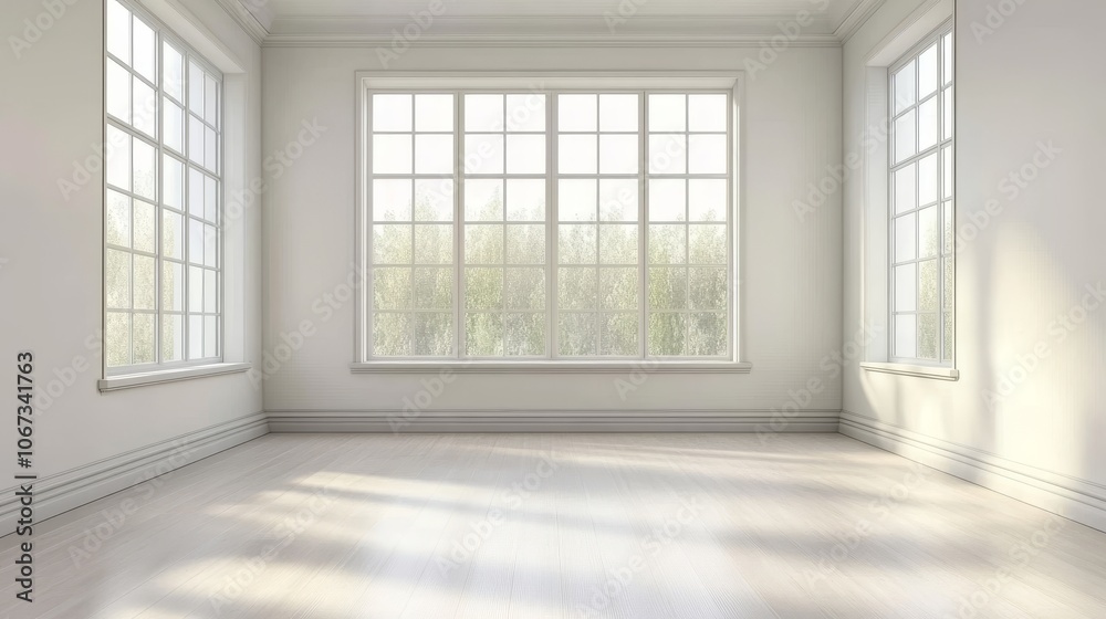 A spacious and bright empty gallery room with large windows that provide natural light. This room is perfect for showcasing art or hosting events. The white walls and wooden floor create a clean and m A spacious and bright empty gallery room with large windows that provide natural light. This room is perfect for showcasing art or hosting events. The white walls and wooden floor create a clean and m