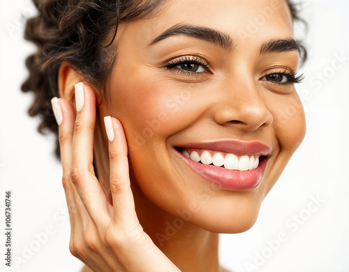 Woman smiling, hands on face, light background. Woman smiling with hands on face against a light background, suitable for lifestyle, beauty, emotions, and dental care concepts.