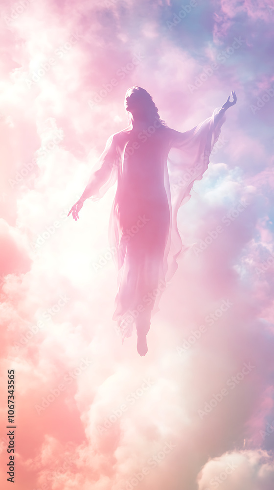 Naklejka premium A figure in flowing robes ascends through soft colorful clouds.