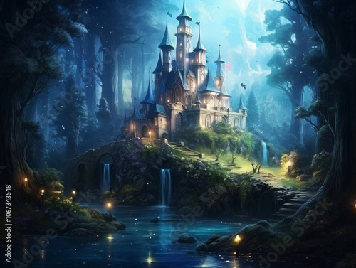 An old stone staircase leads to a magical castle in a fairytale wonderland.