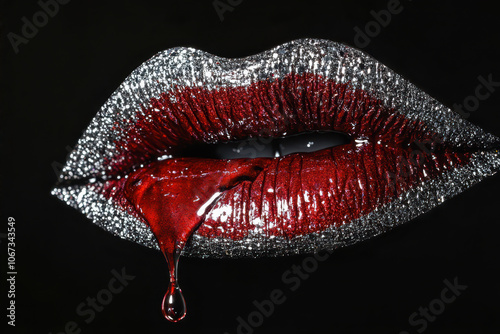 Artistic Close-Up of Shimmering Red and Silver Lips Dripping With a Dark Liquid at Night